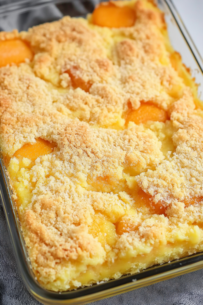 Golden peach squares with streusel topping served as a summer dessert
