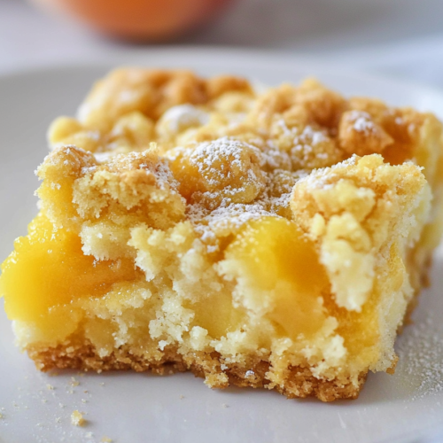 Close-up of crumb-topped peach dessert bars dusted with powdered sugar