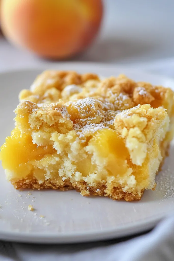 Close-up of crumb-topped peach dessert bars dusted with powdered sugar