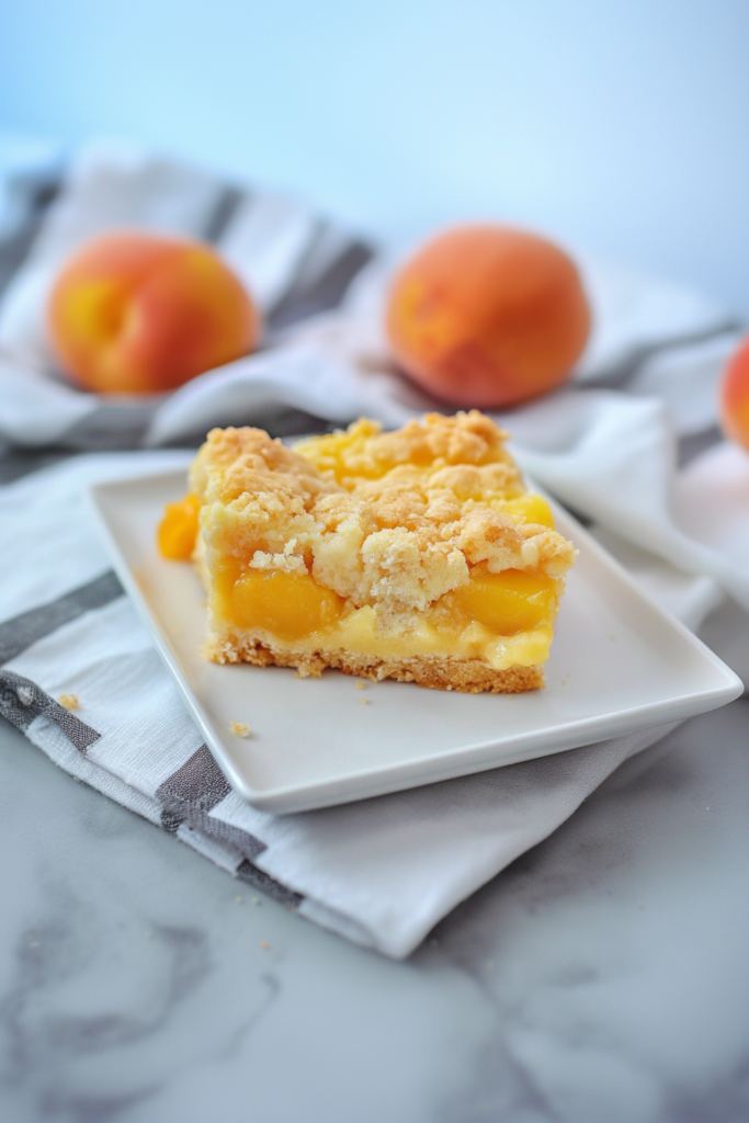 Buttery crumble bars filled with juicy baked peaches on a white plate