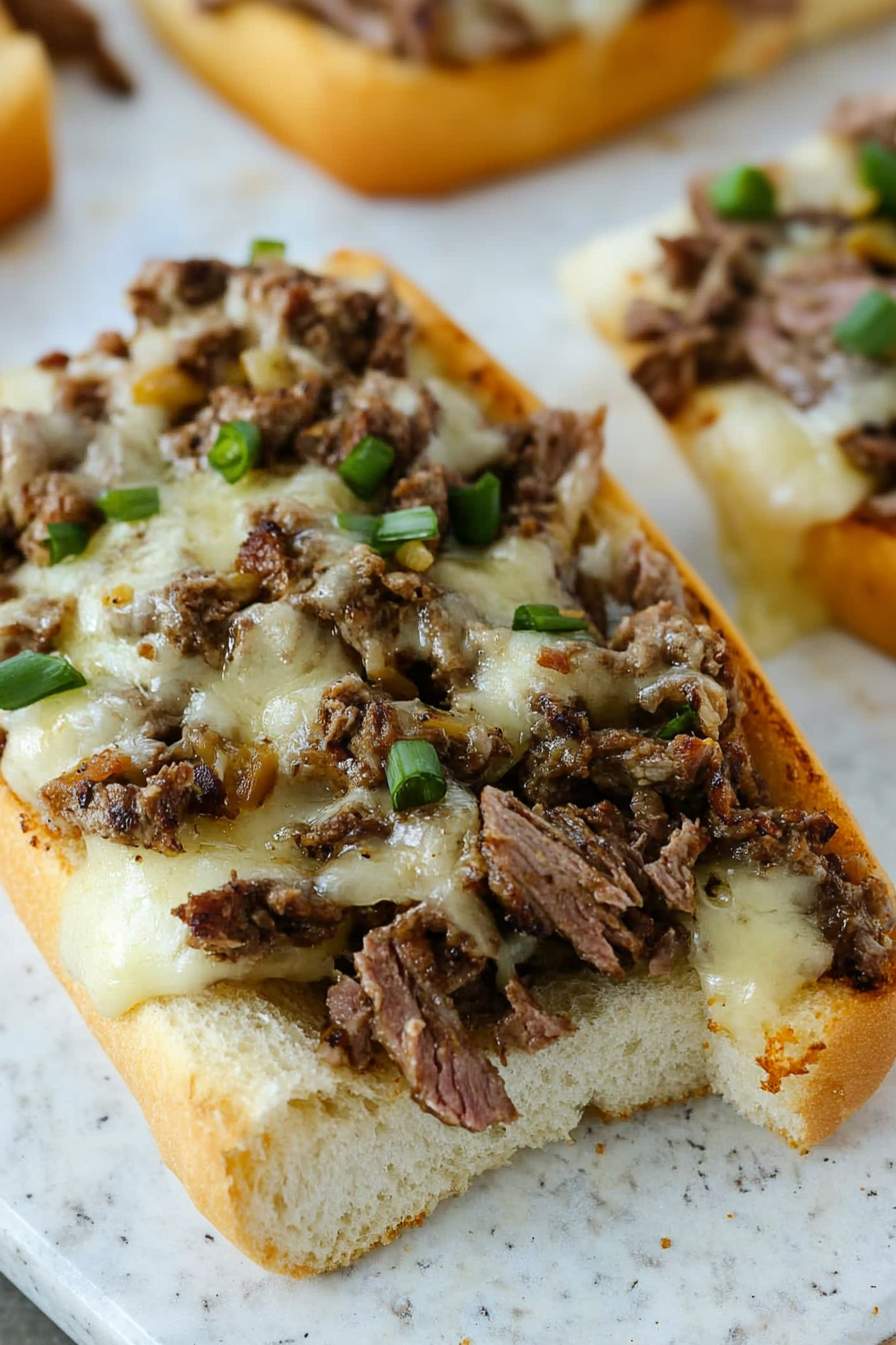Close-up of cheesy beef-loaded bread slices baked until golden and bubbly.