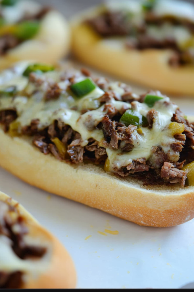 Open-faced toasted roll covered with tender steak pieces and melted cheese garnish.