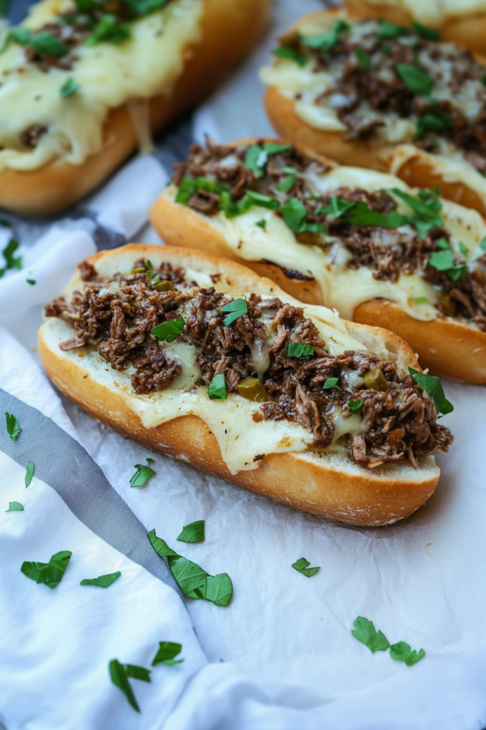 Toasted bread topped with chopped beef, melted cheese, and green onions on a marble surface.