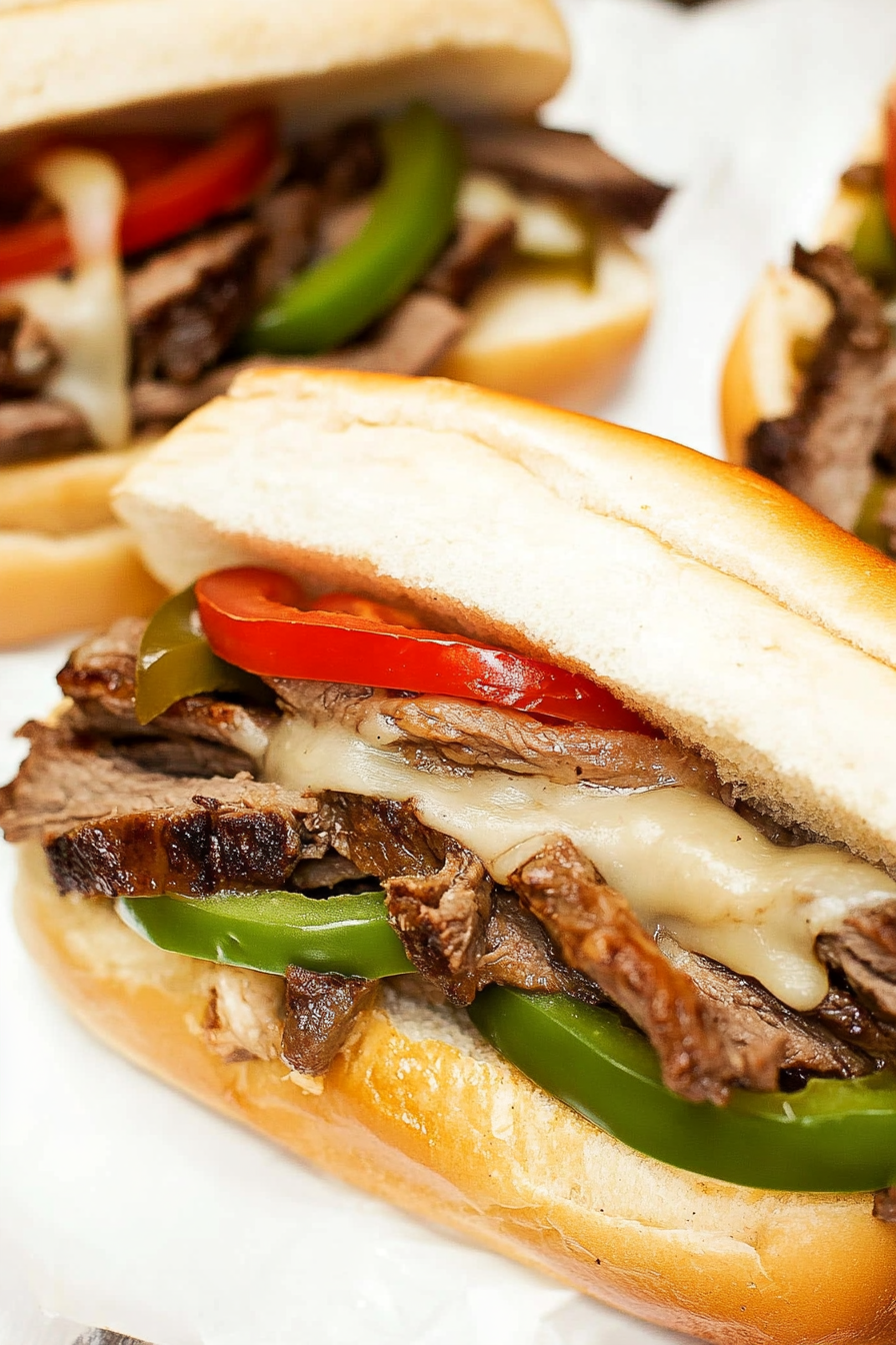 Final shot of hearty steak sandwiches with golden rolls and rich cheese melting into the filling.