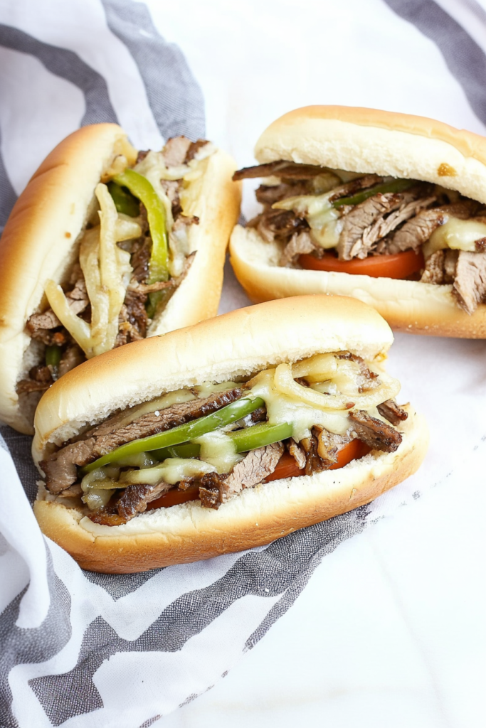 Classic cheesesteak presentation: soft bread packed with beef, melted cheese, and vegetables.