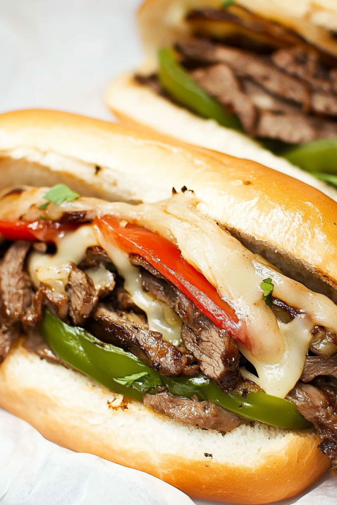 Close-up of juicy steak slices layered with gooey cheese and colorful bell peppers in a sandwich.