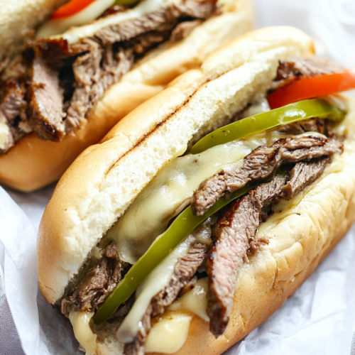 Two hoagie rolls filled with tender beef, melted cheese, and sautéed peppers on parchment paper.