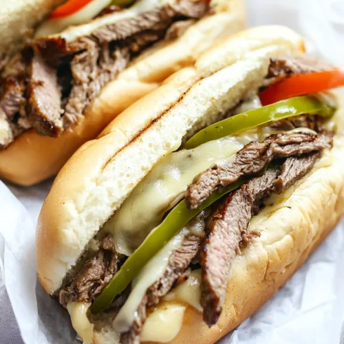 Two hoagie rolls filled with tender beef, melted cheese, and sautรฉed peppers on parchment paper.