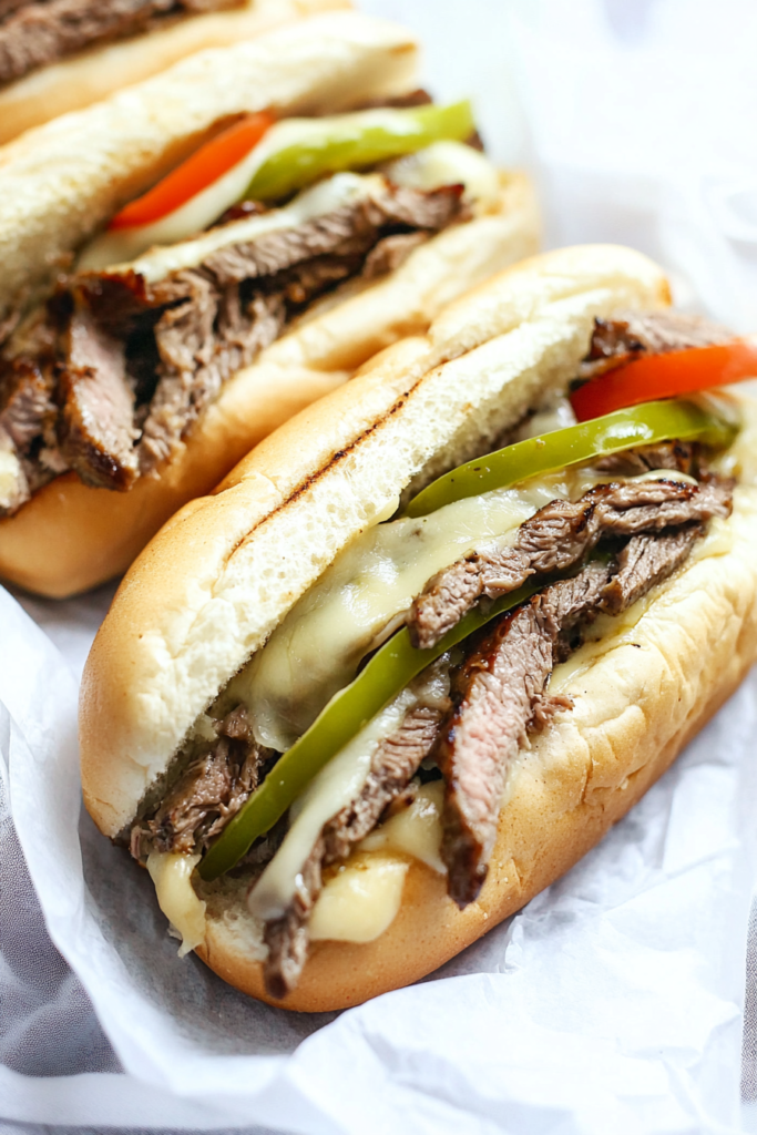 Two hoagie rolls filled with tender beef, melted cheese, and sautéed peppers on parchment paper.
