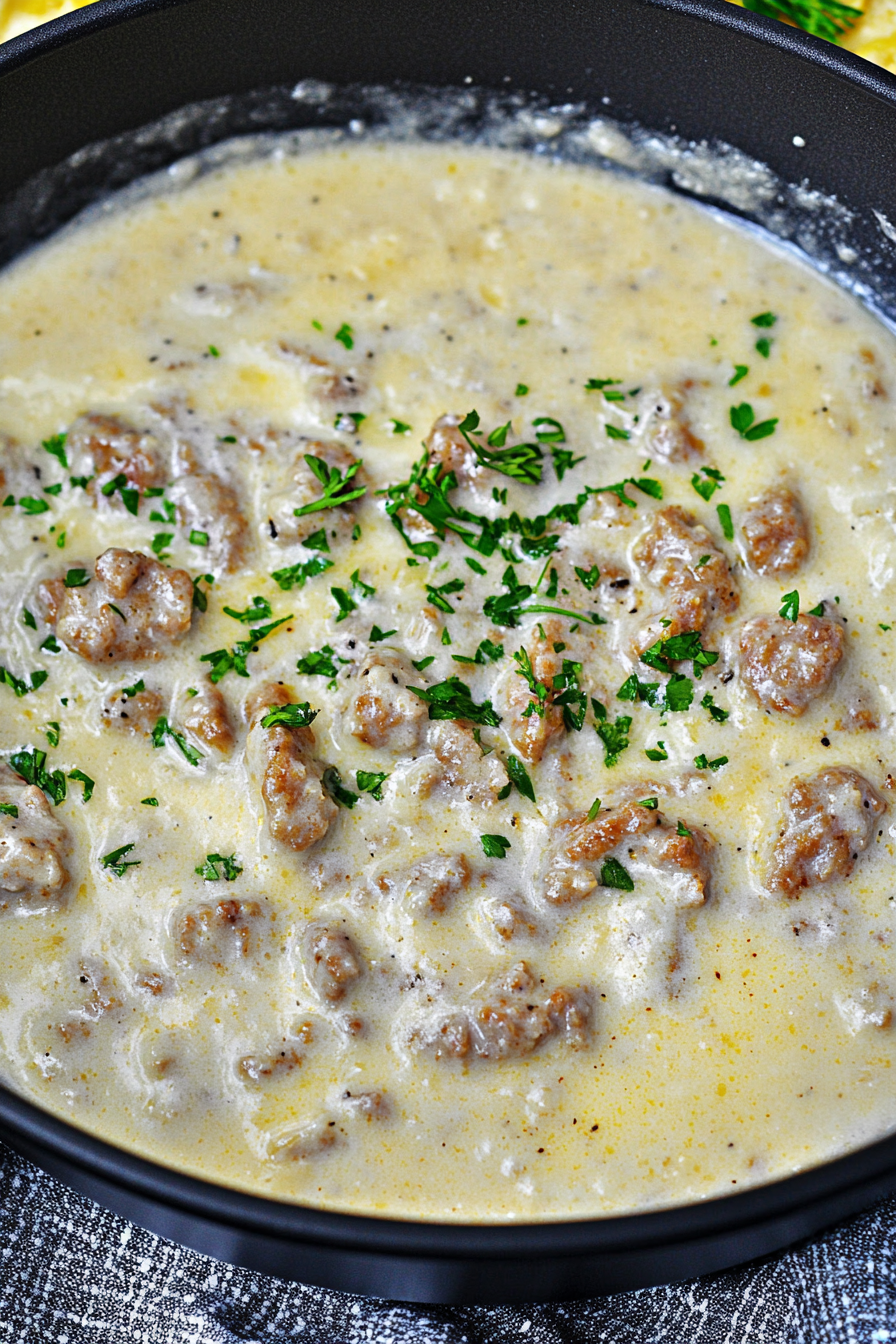 Skillet filled with creamy sausage gravy, garnished with fresh parsley