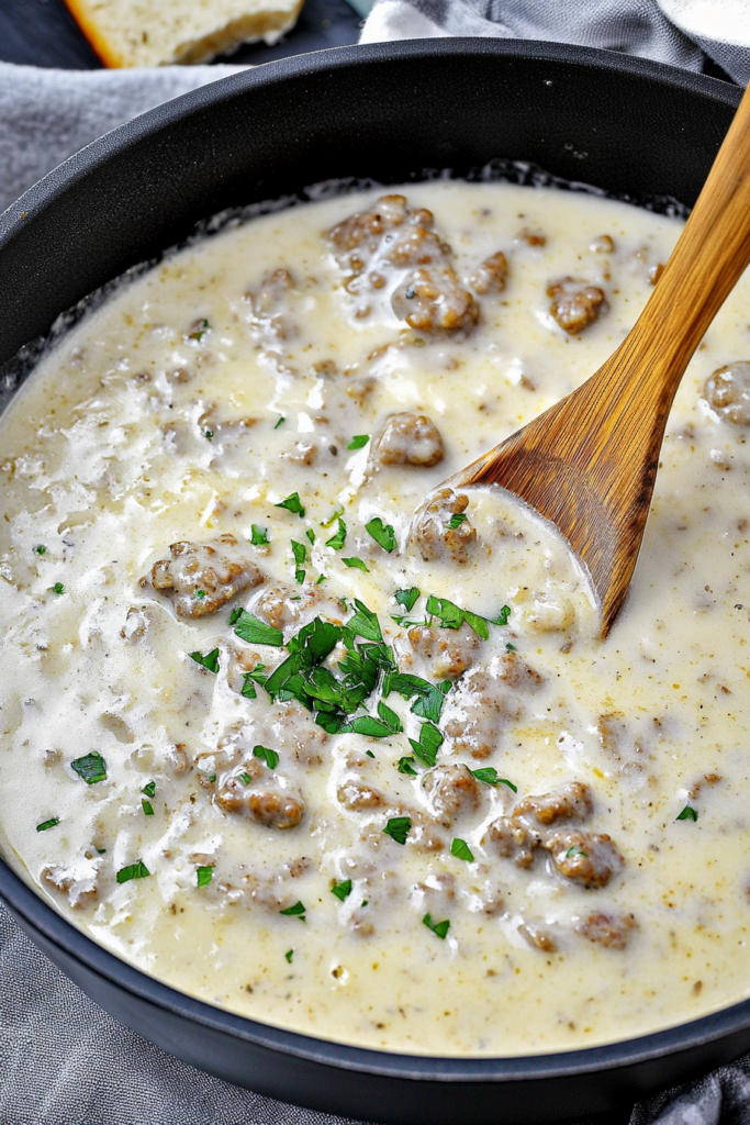 Pioneer Woman Sausage Gravy showing rich texture and browned sausage pieces in a creamy sauce