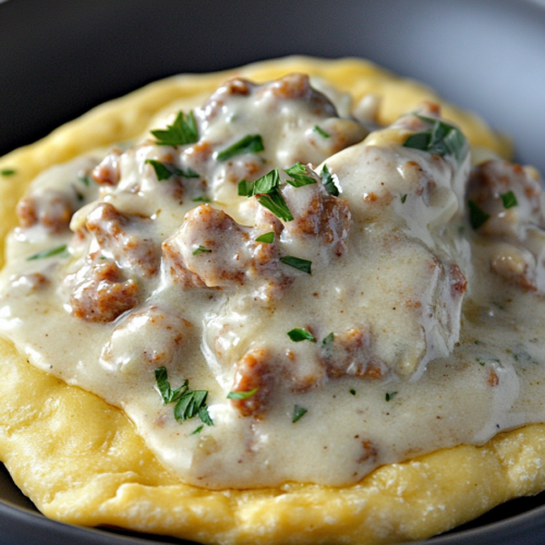 Pioneer Woman Sausage Gravy served over a fluffy biscuit, highlighting rich texture and hearty flavor