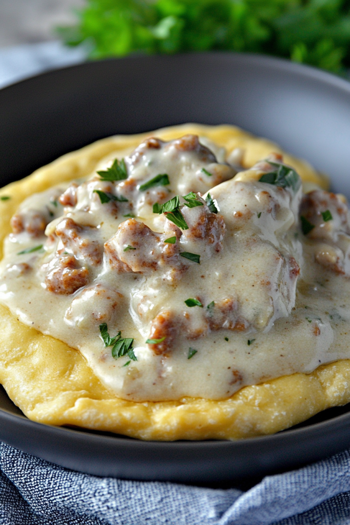 Pioneer Woman Sausage Gravy served over a fluffy biscuit, highlighting rich texture and hearty flavor