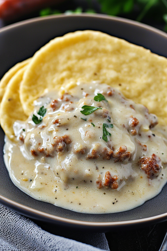 Comfort food dish featuring biscuit and sausage gravy with a sprinkle of fresh herbs