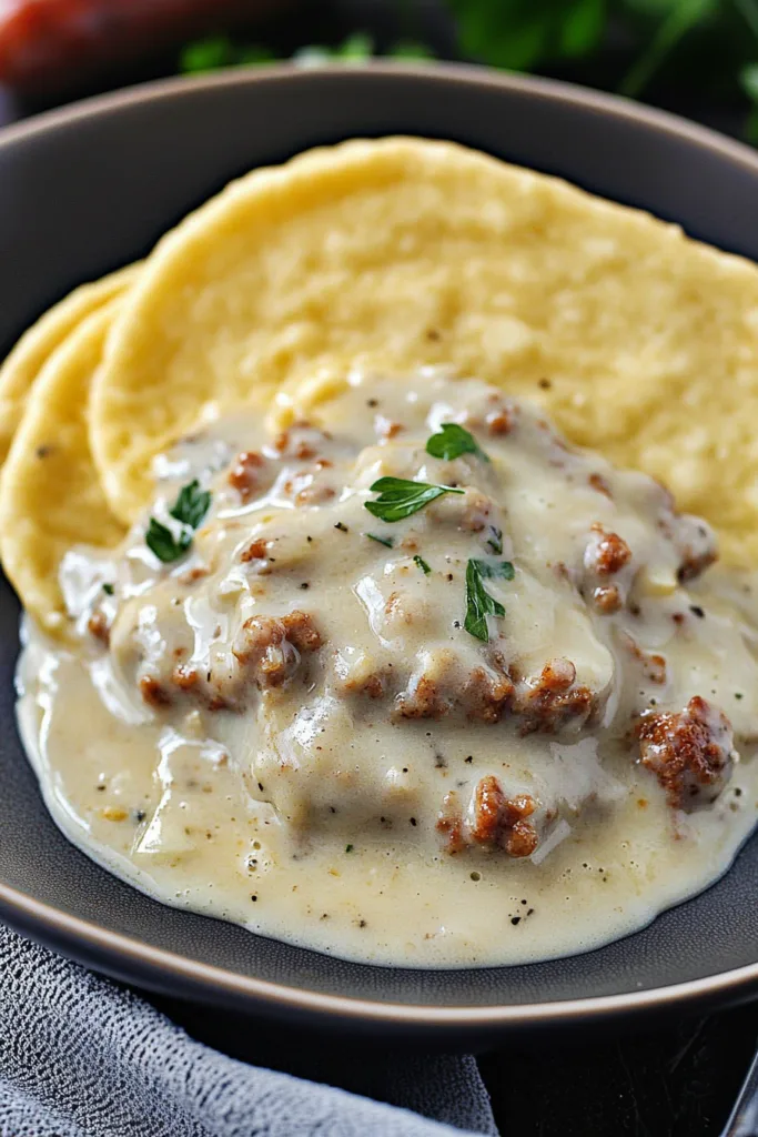 Comfort food dish featuring biscuit and sausage gravy with a sprinkle of fresh herbs