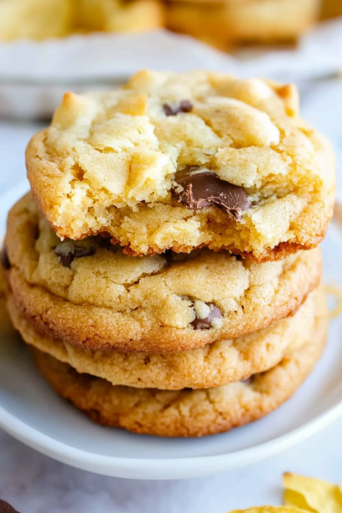Stack of golden cookies on a plate, with one showing a soft bite revealing melted chocolate.
