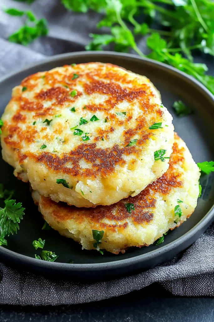 Final plated shot of Potato Parsley Cakes, highlighting golden crust and green herb garnish