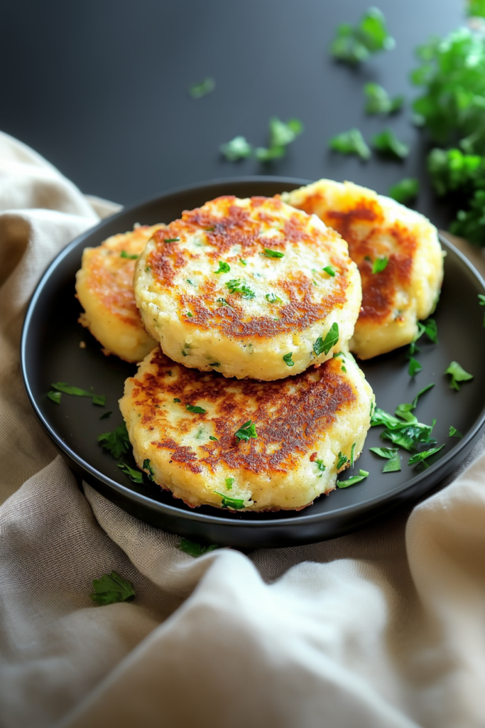 Golden-brown potato patties with crispy edges, garnished with fresh parsley on a dark plate