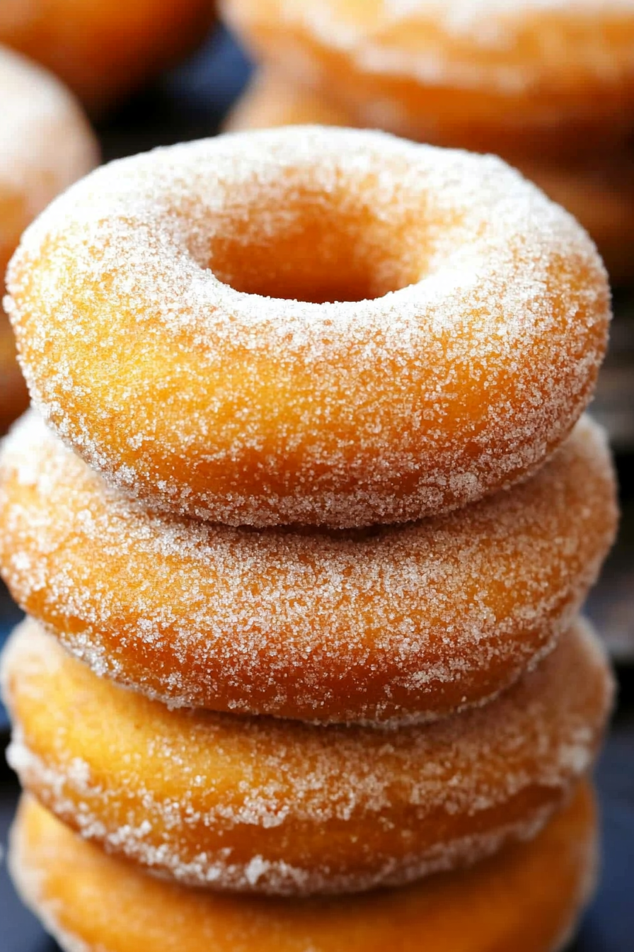 Stack of sugar-dusted doughnuts on a white plate