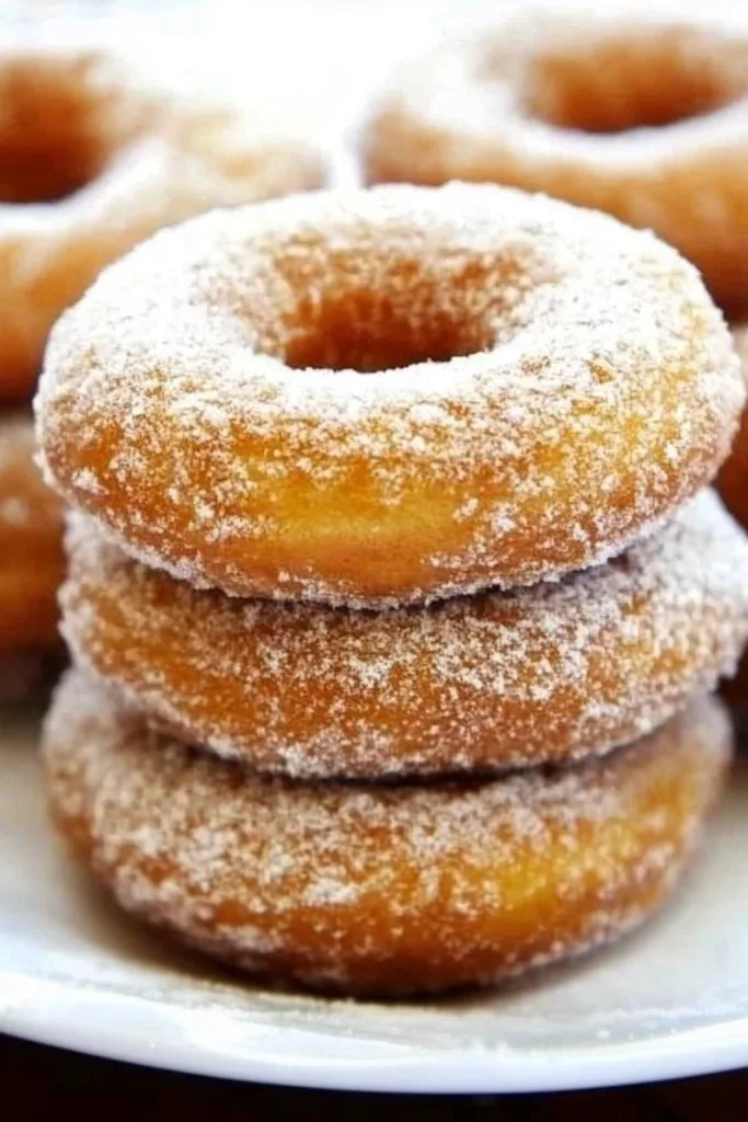 Freshly made doughnuts stacked and ready to serve