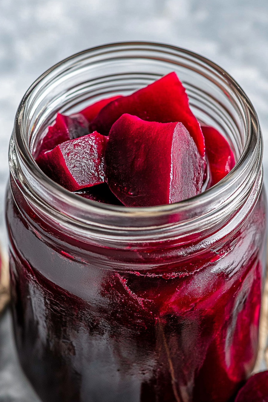 Homemade pickled beets stored in a jar, emphasizing freshness and deep purple-red tones.