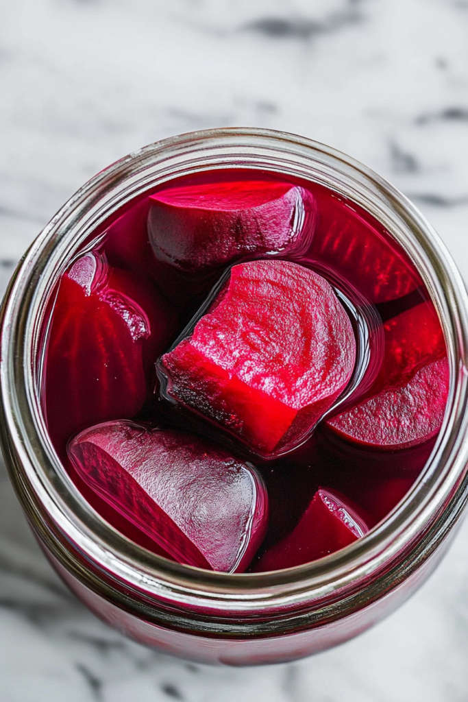 Chunky beet pieces glistening in a light brine, highlighting their natural reddish-purple hue.