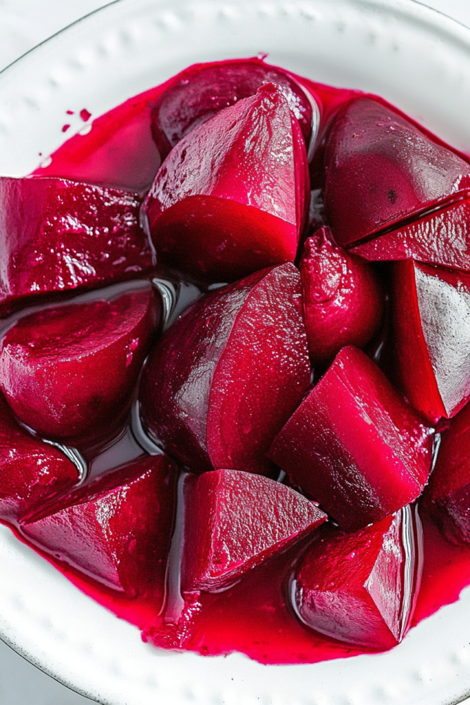 White bowl filled with glossy, deep-red beet chunks in brine.
