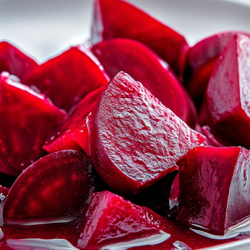 Final serving of Refrigerator Pickled Beets with liquid pooling at the bottom of the bowl.