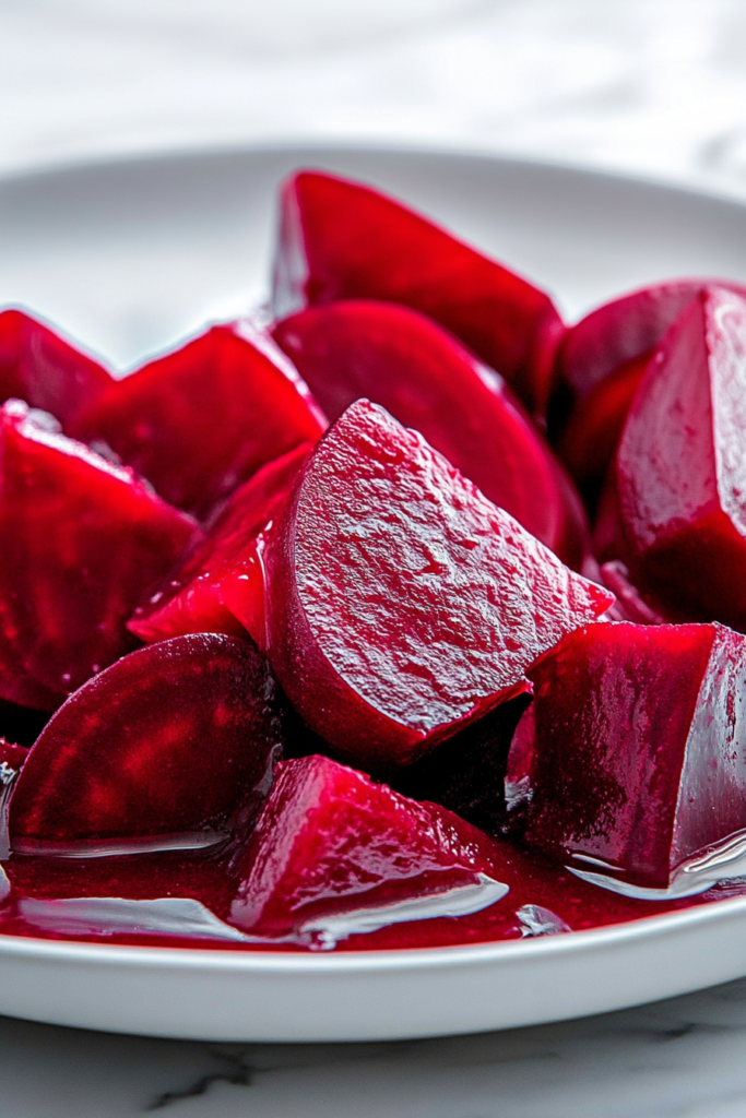 Final serving of Refrigerator Pickled Beets with liquid pooling at the bottom of the bowl.