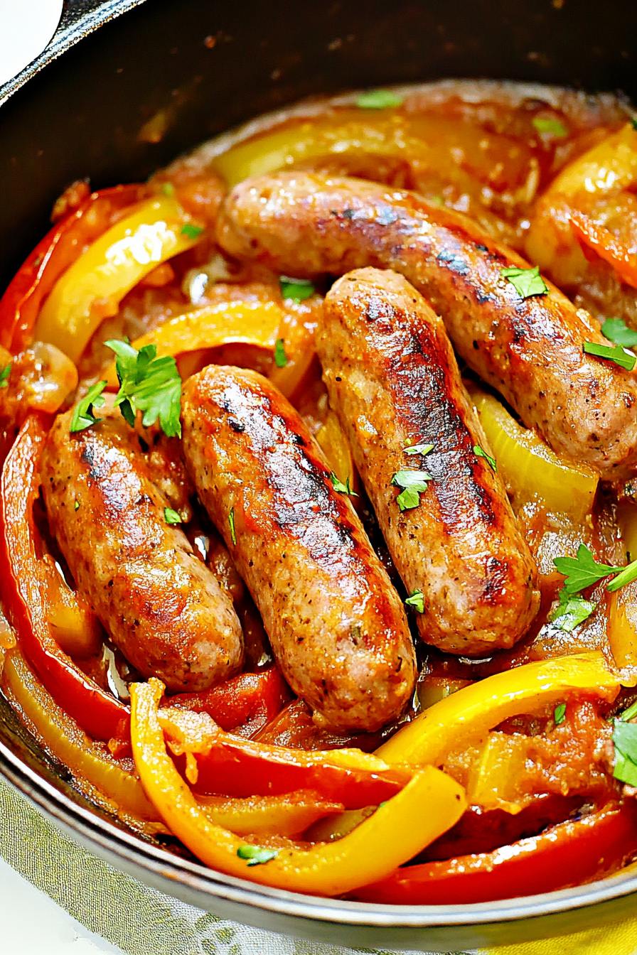 Pan-seared sausages topped with tender peppers and caramelized onions
