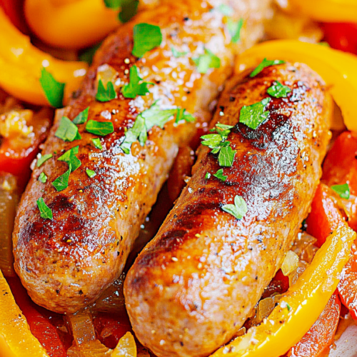 Hearty sausage dish with red and yellow peppers and soft onions