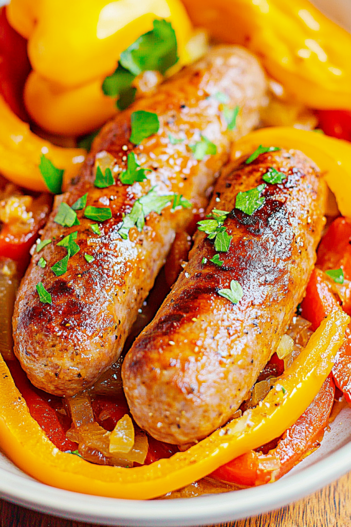 Hearty sausage dish with red and yellow peppers and soft onions