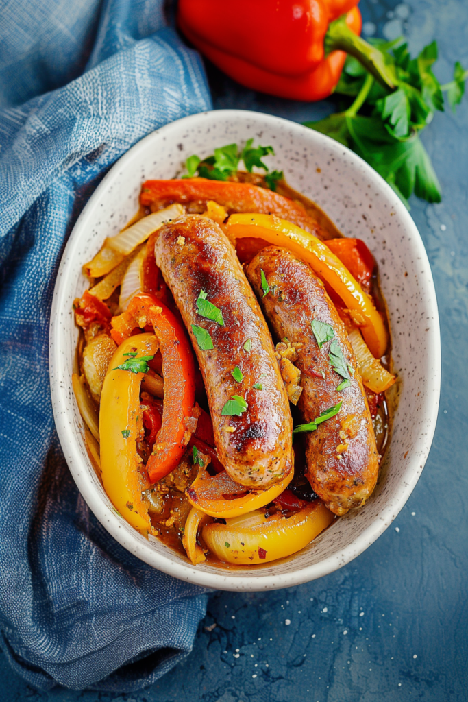 Juicy browned sausages served with sautรฉed bell peppers and onions in a bowl