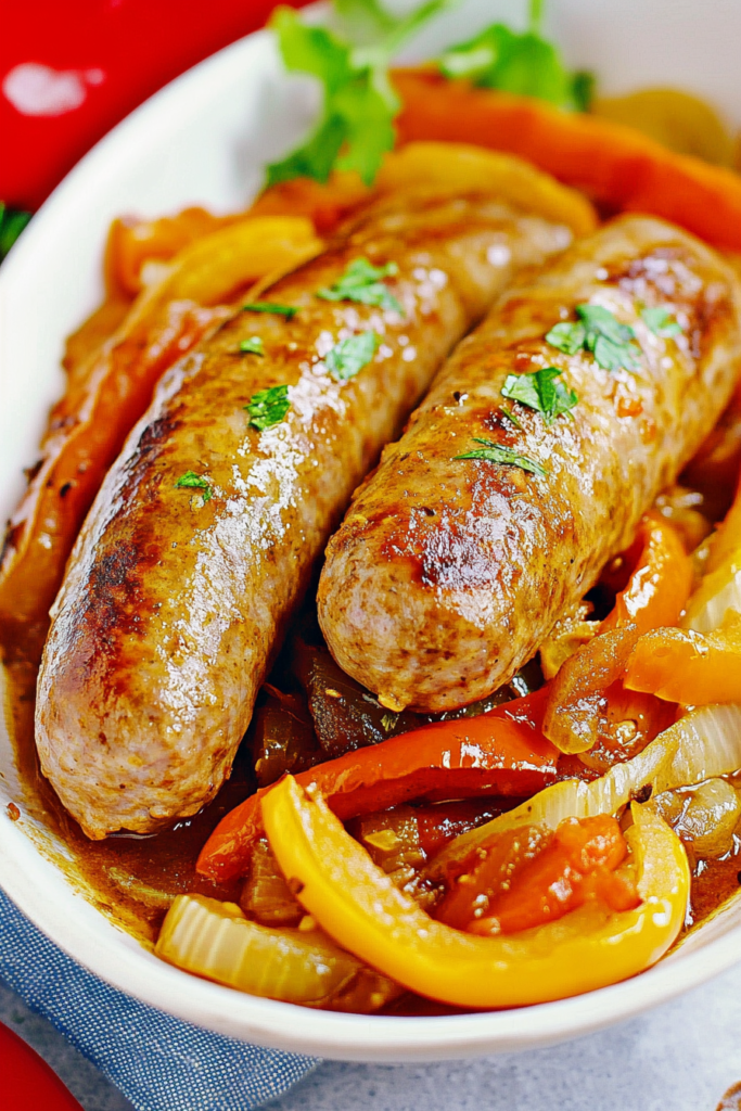 Savory sausage links with colorful cooked peppers and onions in sauce