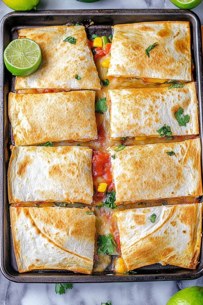 Baked tortilla portions arranged neatly, oozing melted cheese and juicy filling.