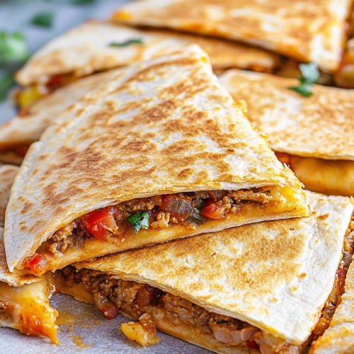 Golden quesadilla wedges stacked on a tray, showing melted cheese and savory filling.