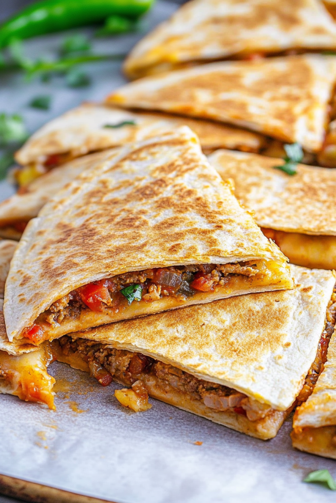 Golden quesadilla wedges stacked on a tray, showing melted cheese and savory filling.