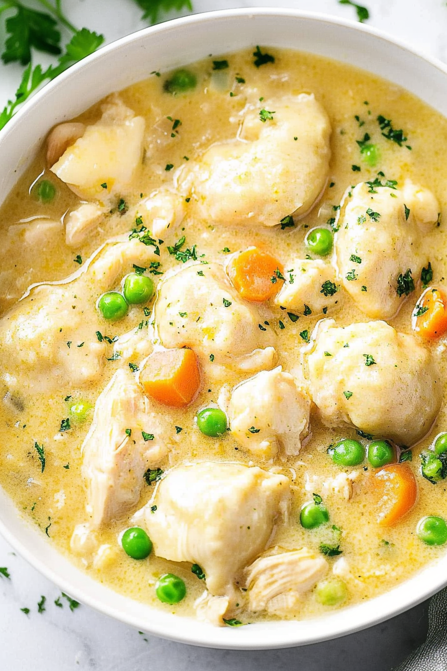Close-up of homemade dumplings and chicken in a thick, creamy gravy with herbs