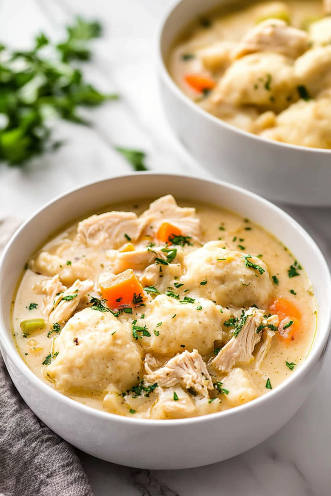 Creamy chicken stew with fluffy dumplings, carrots, and peas in a hearty broth