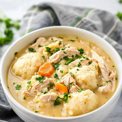 Bowl of tender chicken and soft dumplings in a rich, comforting sauce with vegetables