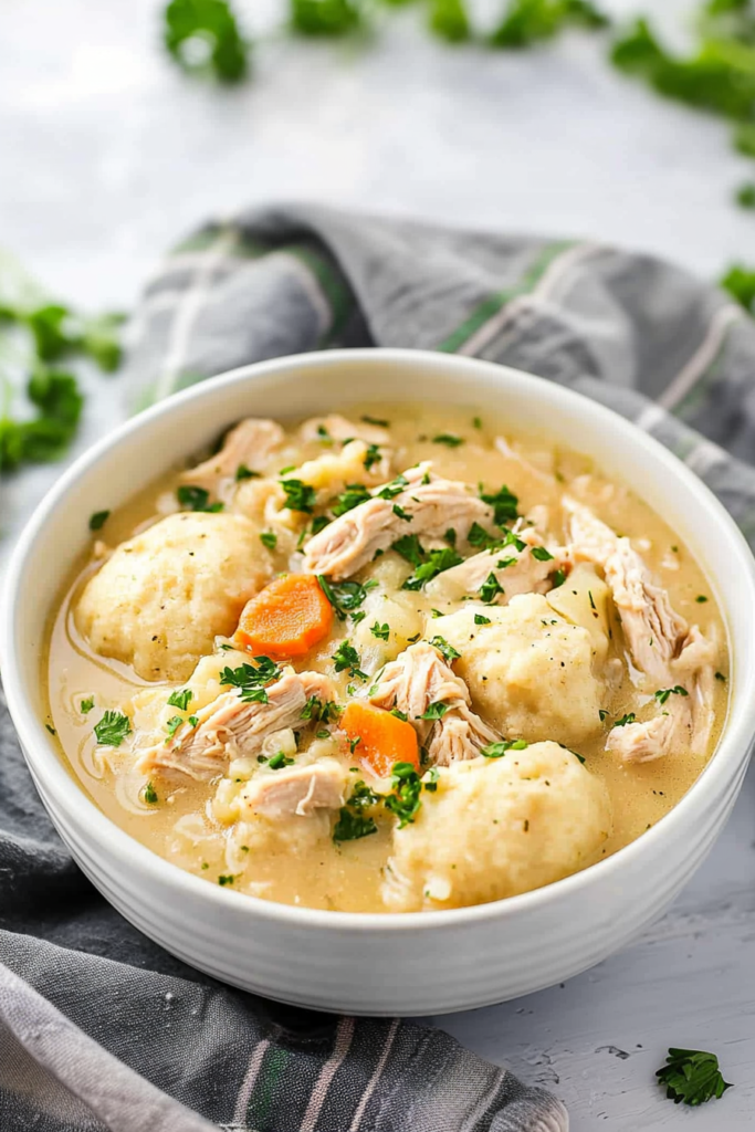 Bowl of tender chicken and soft dumplings in a rich, comforting sauce with vegetables