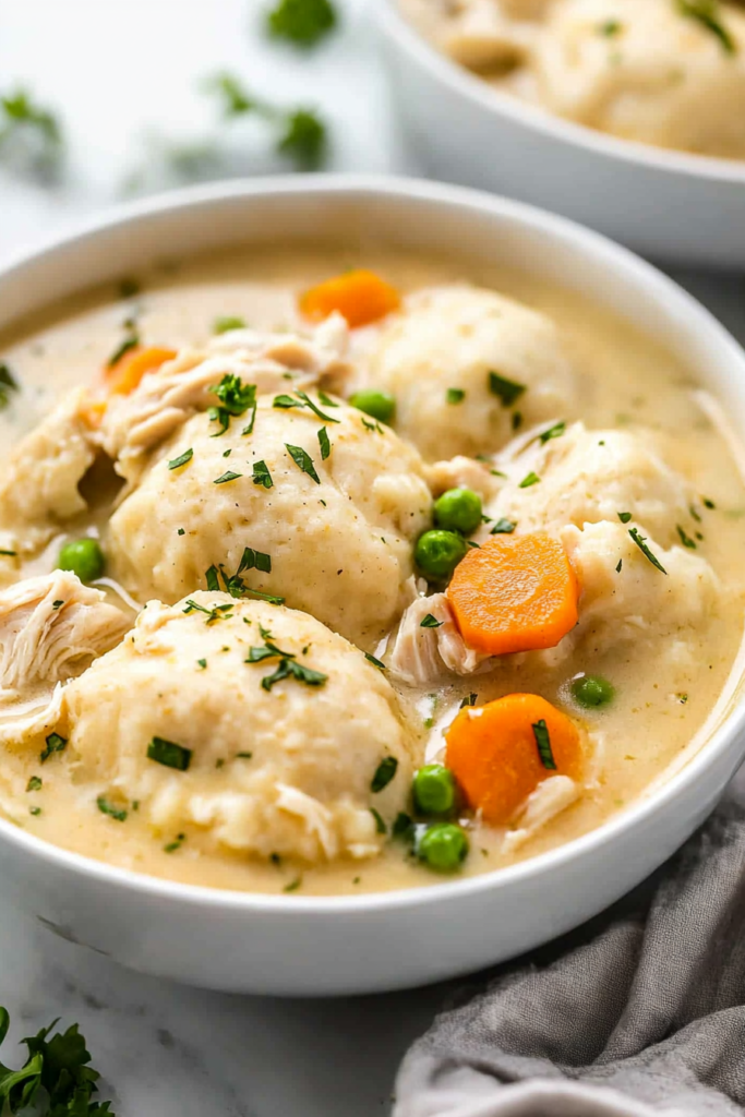 Hearty chicken dish with pillowy dumplings, green peas, and sliced carrots in a savory broth