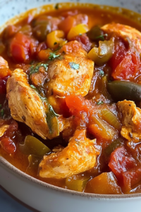 Comforting one-pot chicken dish with peppers and potatoes in a thick sauce