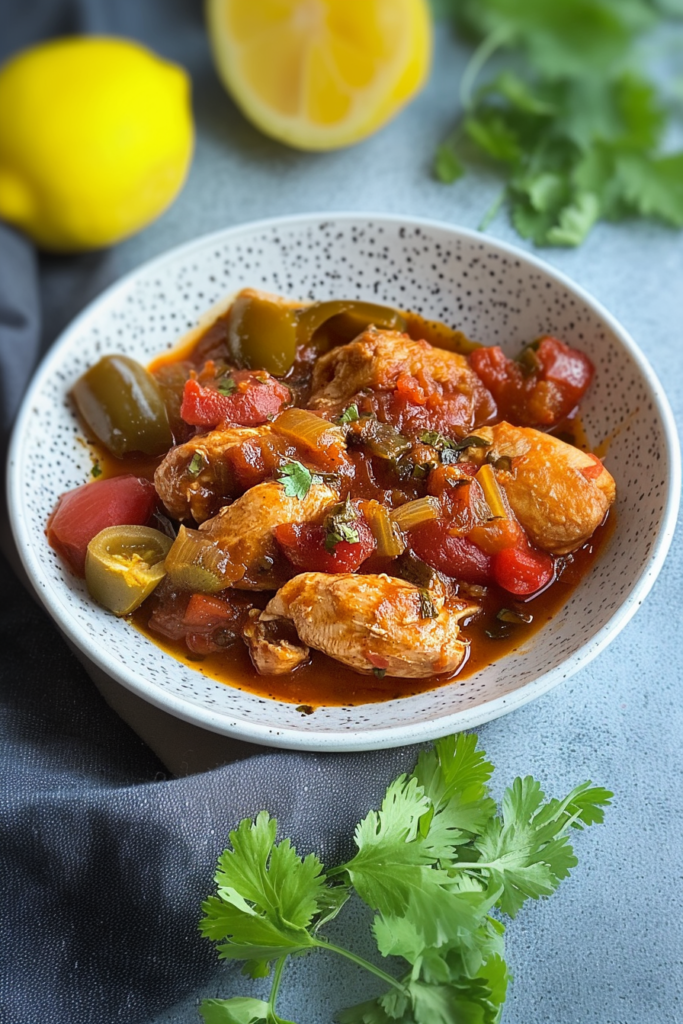 Rustic chicken and vegetable stew garnished with fresh herbs