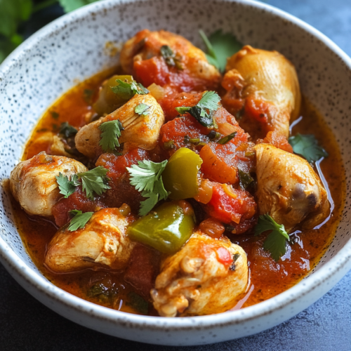Hearty chicken stew with bell peppers, potatoes, and rich tomato sauce in a bowl