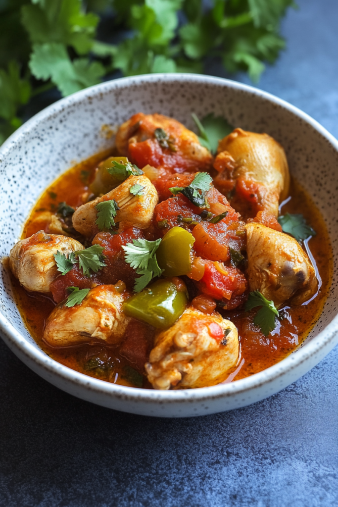 Hearty chicken stew with bell peppers, potatoes, and rich tomato sauce in a bowl