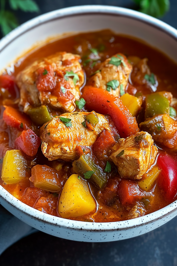 Tender braised chicken pieces with colorful vegetables in a savory red sauce
