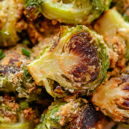 Final plated vegetable side dish showing vibrant green sprouts with a crunchy, browned coating.