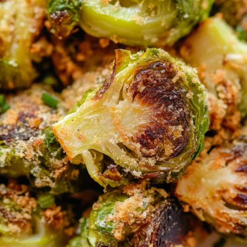 Final plated vegetable side dish showing vibrant green sprouts with a crunchy, browned coating.