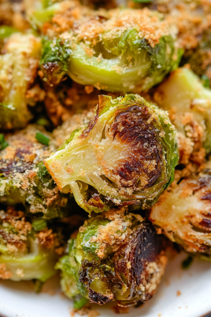 Final plated vegetable side dish showing vibrant green sprouts with a crunchy, browned coating.